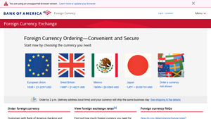 Screenshot of Exchange and Order Foreign Currency from Bank of America