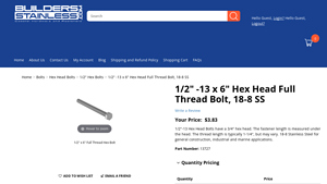 Builders Stainless - 1/2 -13 x 6 Hex Head Full Thread Bolt