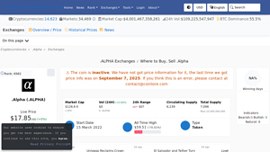 Screenshot of Alpha (.ALPHA) Exchanges - Where to Buy,Sell,Trade - CoinLore