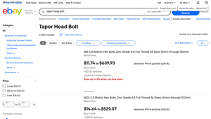 Taper Head Bolt - Various Sizes & Materials