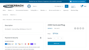 Eberbach Lab Tools - Cord and Plug 230V