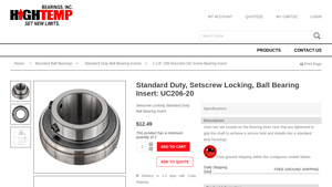 High Temp Bearings - 1-1/4 206 Mounted Set Screw Bearing Insert