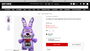 Hot Topic - Five Nights At Freddy's Nightmare Bonnie Plush