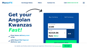 Screenshot of Buy Angolan Kwanzas online - AOA delivered fast - ManorFX