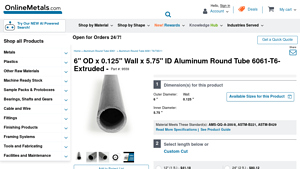 Online Metals - Aluminum 6061 Extruded Round Tube 6 OD x 0.125 Wall