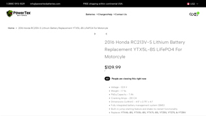 Powertex - 2016 Honda RC213V-S Lithium Iron Phosphate Battery Replacement