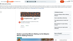 Screenshot of r/CryptoCurrency - Kraken Launches Bitcoin Staking via the Babylon ...