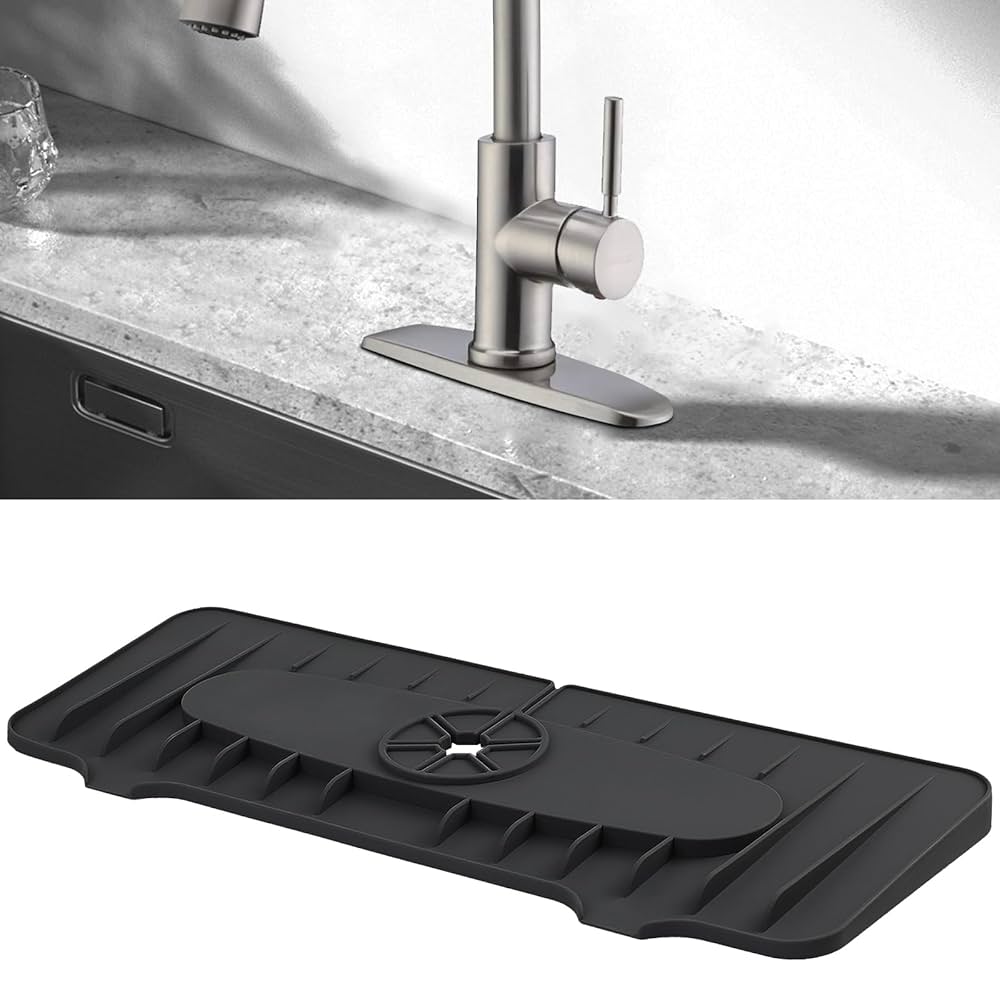 An application scenario or product detail of silicone splash guard for bathroom sink double handle - Image 1