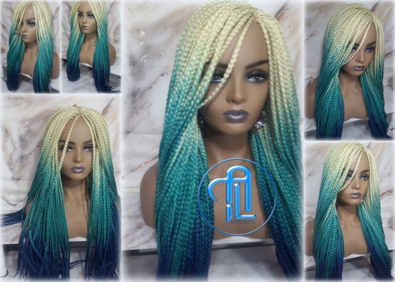 An application scenario or product detail of white blonde and turquoise wig - Image 2
