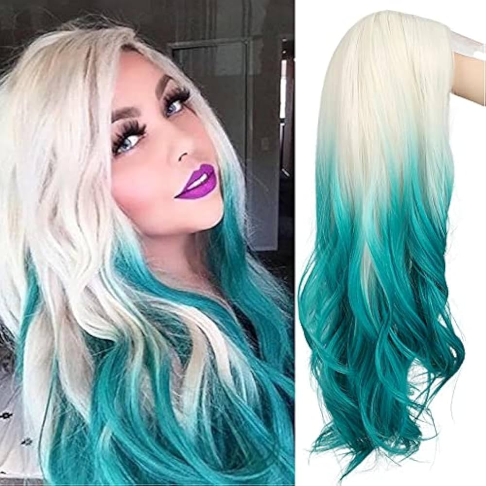 An application scenario or product detail of white blonde and turquoise wig - Image 5