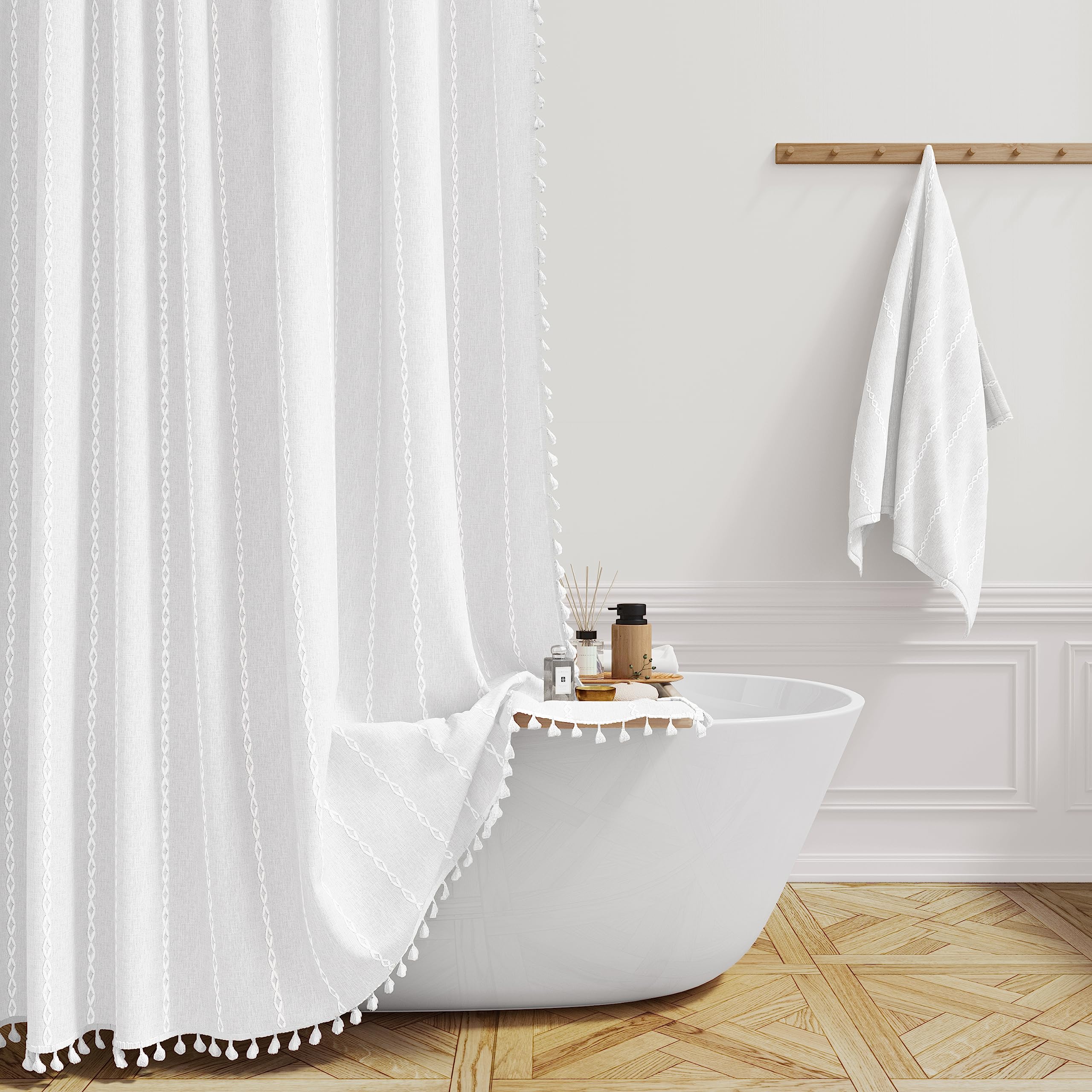 An application scenario or product detail of white fabric shower curtain - Image 2