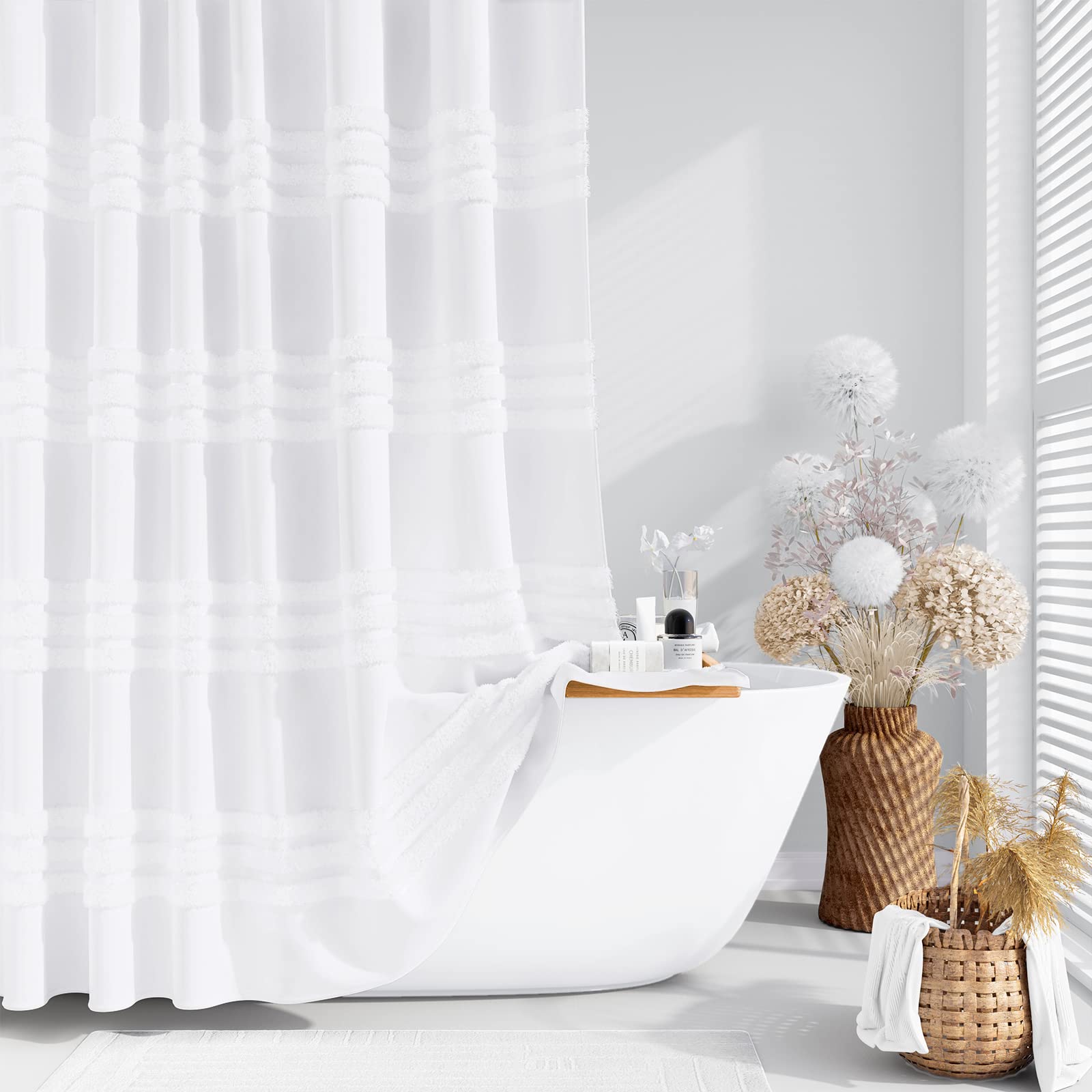 An application scenario or product detail of white fabric shower curtain - Image 5