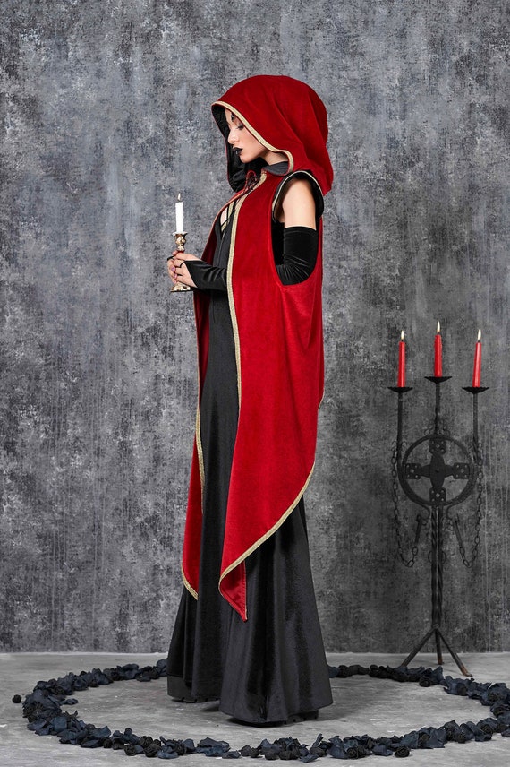 An application scenario or product detail of women's dark red hooded cape - Image 20
