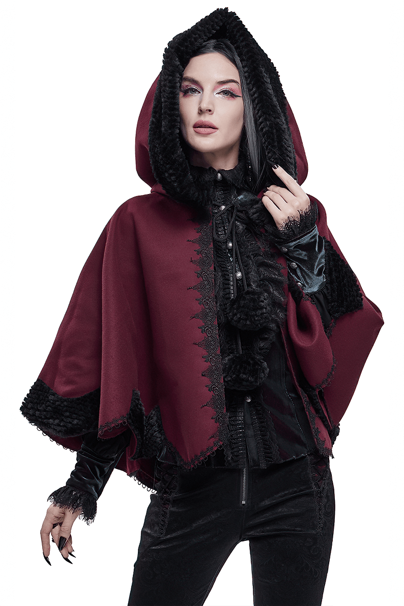 An application scenario or product detail of women's dark red short hooded cape - Image 4