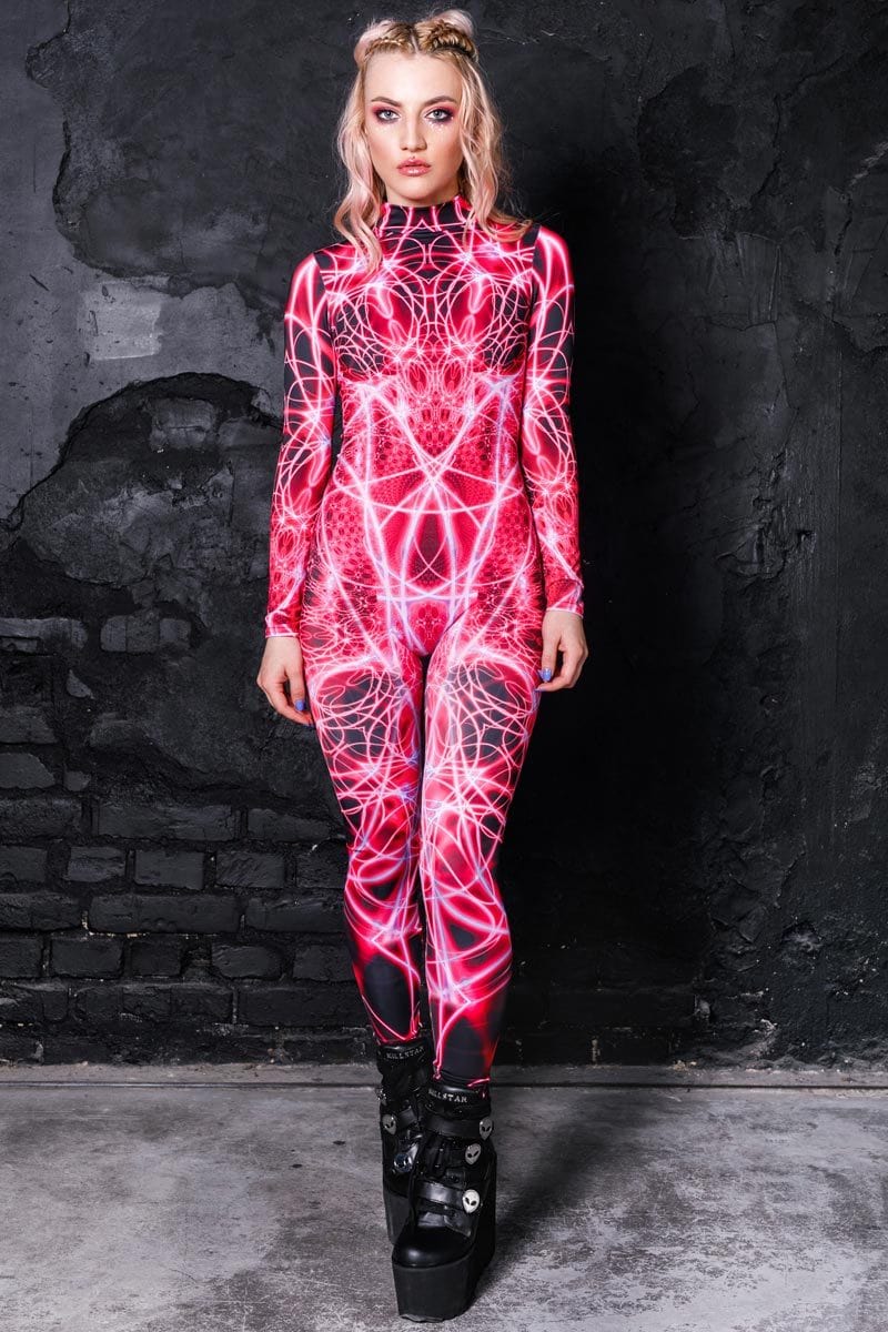 An application scenario or product detail of women's neon pink bodysuit for a rave party - Image 9