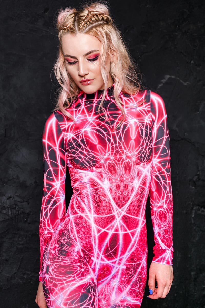 An application scenario or product detail of women's neon pink bodysuit for a rave party - Image 15