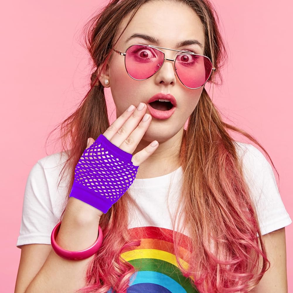 An application scenario or product detail of women's neon pink fingerless gloves for a rave party - Image 13